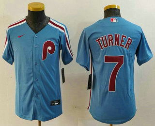 Youth Philadelphia Phillies #7 Trea Turner Light Blue Cooperstown Cool Base Jersey