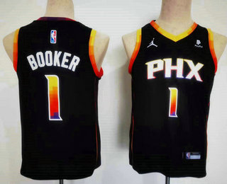 Youth Phoenix Suns #1 Devin Booker Black 2022 Statement Icon Sponsor Swingman Jersey