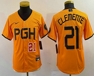 Youth Pittsburgh Pirates #21 Roberto Clemente Number Yellow 2023 City Connect Stitched Jersey 01