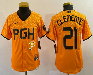 Youth Pittsburgh Pirates #21 Roberto Clemente Number Yellow 2023 City Connect Stitched Jersey 03