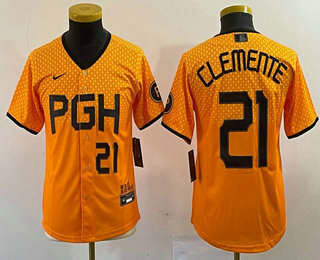 Youth Pittsburgh Pirates #21 Roberto Clemente Number Yellow 2023 City Connect Stitched Jersey 04