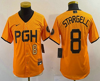 Youth Pittsburgh Pirates #8 Willie Stargell Number Yellow 2023 City Connect Stitched Jersey 01