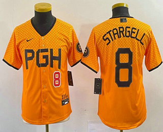 Youth Pittsburgh Pirates #8 Willie Stargell Number Yellow 2023 City Connect Stitched Jersey 02