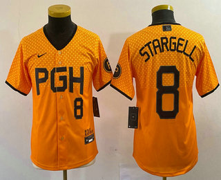 Youth Pittsburgh Pirates #8 Willie Stargell Number Yellow 2023 City Connect Stitched Jersey 04