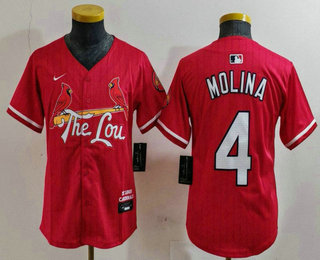 Youth St Louis Cardinals #4 Yadier Molina Red 2024 City Connect Stitched Baseball Jersey