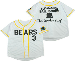 Youth Stitched Bad News BEARS Movie Chicos Bail Bonds Retro #3 Button Down White Baseball Jersey