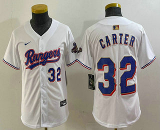 Youth Texas Rangers #32 Evan Carter Number White 2024 Gold Collection Limited Cool Base Jersey 13
