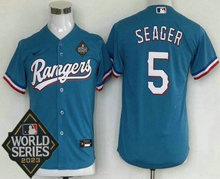 Youth Texas Rangers #5 Corey Seager Light Blue 2023 World Series Cool Base Jersey