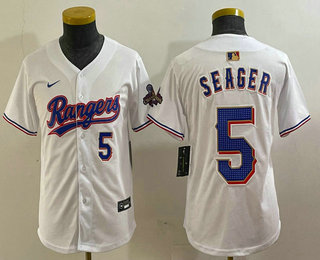 Youth Texas Rangers #5 Corey Seager Number White 2024 Gold Collection Limited Cool Base Jersey 13