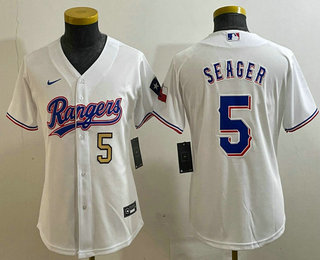 Youth Texas Rangers #5 Corey Seager Number White Team Logo Cool Base Jersey 01