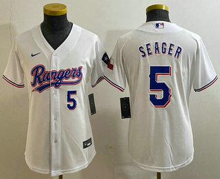 Youth Texas Rangers #5 Corey Seager Number White Team Logo Cool Base Jersey 02