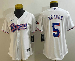 Youth Texas Rangers #5 Corey Seager Number White Team Logo Cool Base Jersey 03