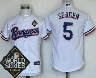 Youth Texas Rangers #5 Corey Seager White 2023 World Series Cool Base Jersey