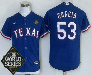 Youth Texas Rangers #53 Adolis Garcia Royal 2023 World Series Cool Base Jersey