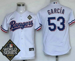 Youth Texas Rangers #53 Adolis Garcia White 2023 World Series Cool Base Jersey