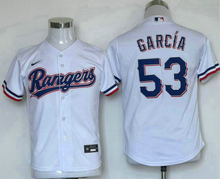 Youth Texas Rangers #53 Adolis Garcia White Team Logo Cool Base Jersey